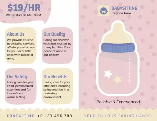 Pink Baby Bottle Care and Trustworthy Babysitting Brochure Template