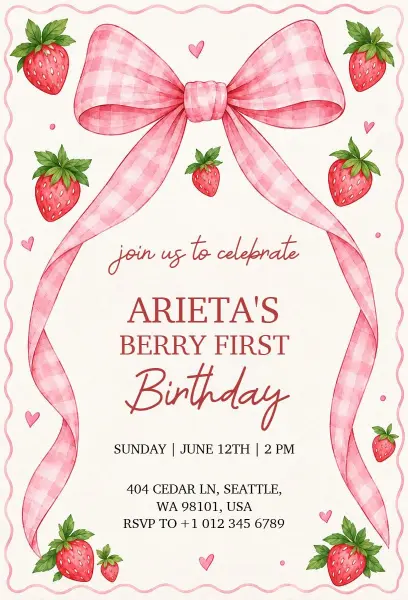 Pink Bow and Strawberry Birthday Invitation Template