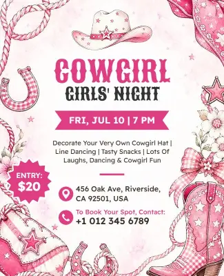 Pink Cowgirl Themed Girls' Night Out Flyer Template