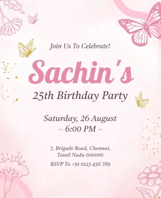 Pink Floral Butterfly Birthday Party Flyer Template