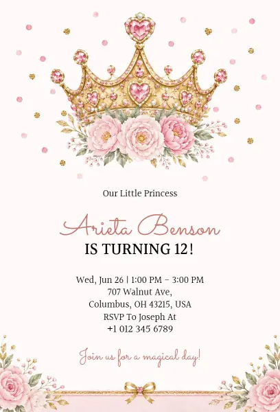 Pink Floral Crown Birthday Invitation Template