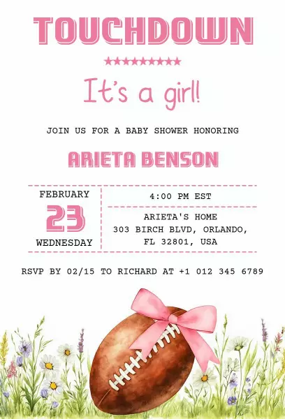 Pink Football Theme Sports Baby Shower Invitation Template