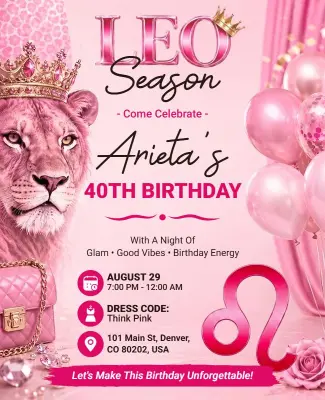 Pink Glam Leo Season Birthday Celebration Flyer Template