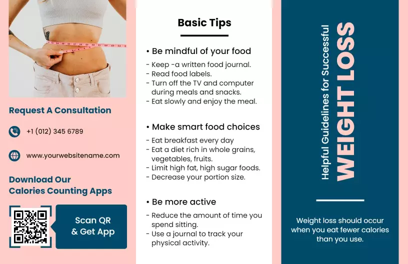 Pink Minimal Weight Loss Tips and Healthy Eating Brochure Template