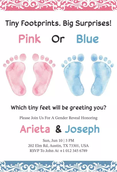 Pink or Blue Tiny Footprints Gender Reveal Invitation Template