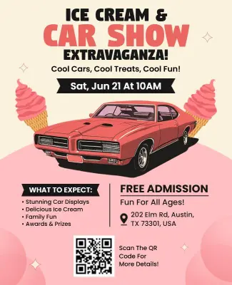 Pink Retro Ice Cream and Car Show Event Flyer Template