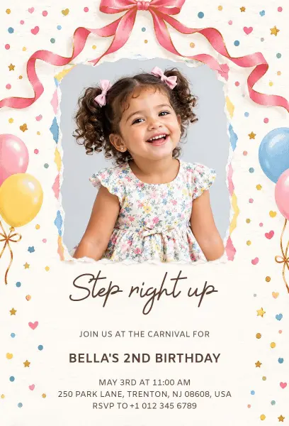 Pink Ribbon and Balloons 2nd Birthday Invitation Template