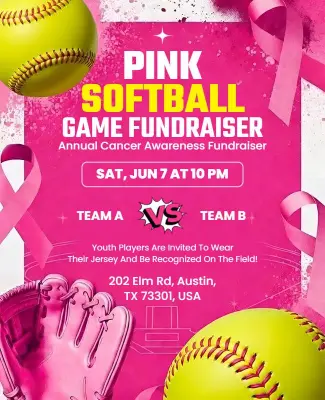 Pink Softball Cancer Awareness Fundraiser Flyer Template