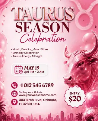 Pink Theme Taurus Season Celebration Party Flyer Template