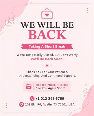 Pink Themed We Will Be Back Soon Flyer Template