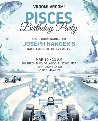 Pisces Race Car Birthday Party Flyer Template