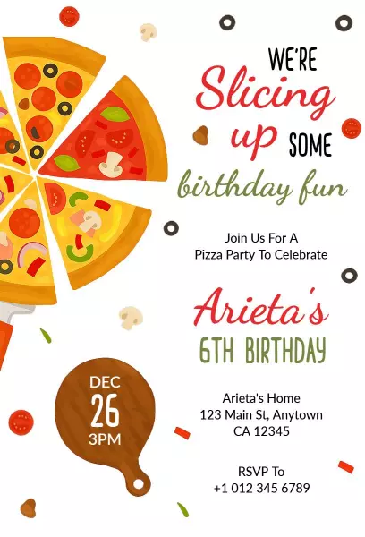 Pizza Party Slice Fun 6th Birthday Invitation Template