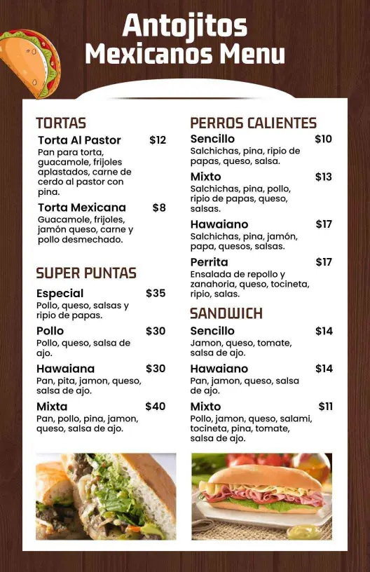 Plantilla De Diseño De Menú De Antojitos Mexicanos Con Textura De Madera Marrón
