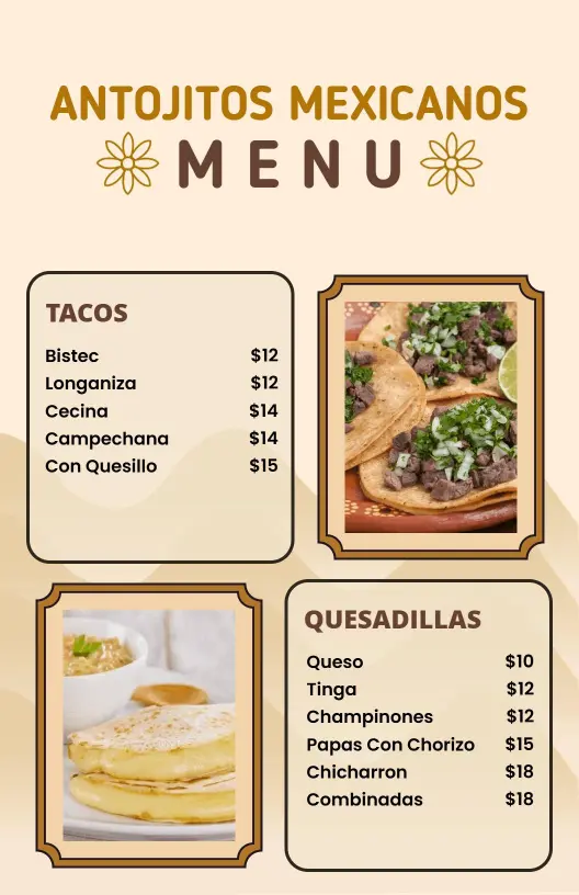 Plantilla De Diseño De Menú Elegante En Tonos Beige Para Antojitos Mexicanos