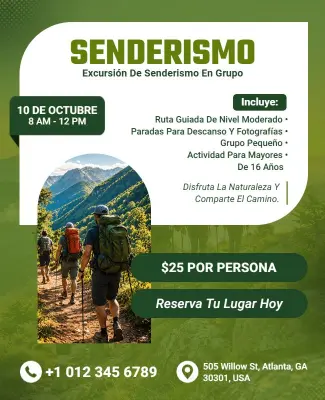 Plantilla De Folleto Promocional Para Una Aventura De Senderismo En Grupo