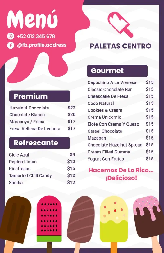 Plantilla De Menú Colorida Para Paletas Y Helados
