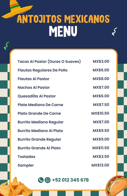 Plantilla De Menú Con Un Encantador Sombrero Mexicano Y Coloridos Antojitos
