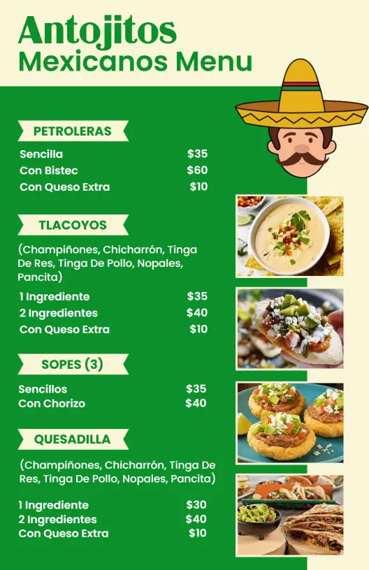 Plantilla De Menú De Antojitos De Estilo Mexicano En Verde Y Crema