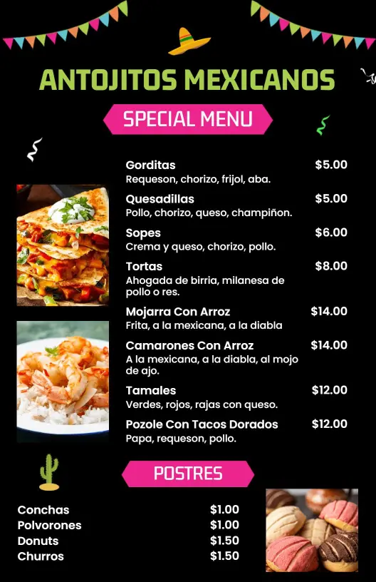 Plantilla De Menú De Antojitos Mexicanos Con Fondo Negro Vibrante