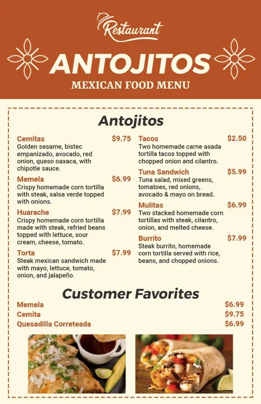Plantilla De Menú De Antojitos Mexicanos