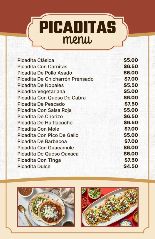 Plantilla De Menú De Auténticas Picaditas Con Una Selección De Sabores