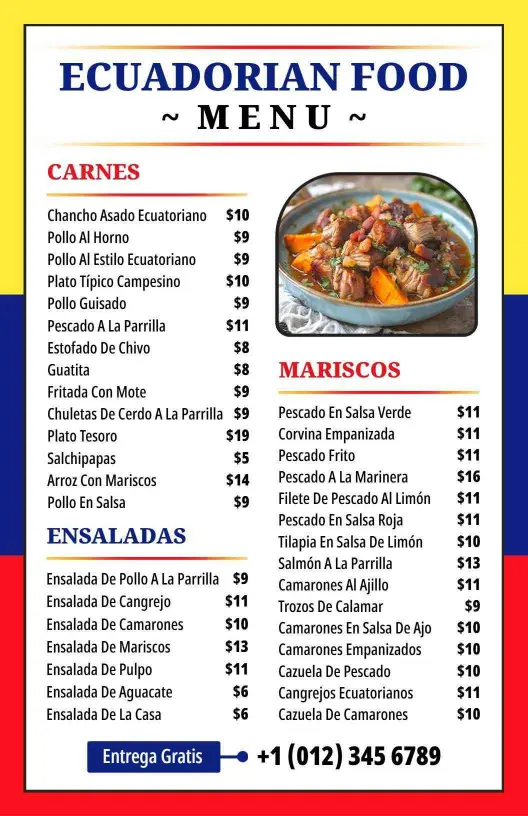 Plantilla De Menú De Auténticos Platos Ecuatorianos Con Mariscos Frescos