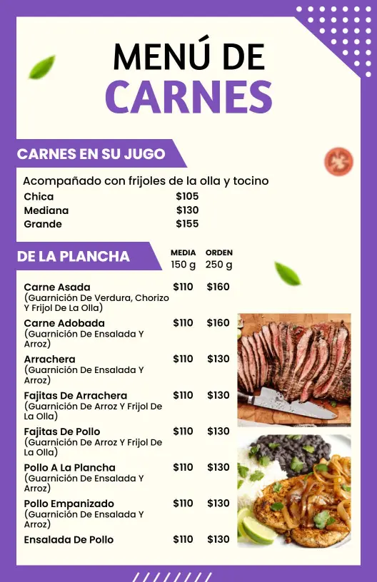 Plantilla De Menú De Carnes Con Temática Morada Y Selección De Carnes Jugosas