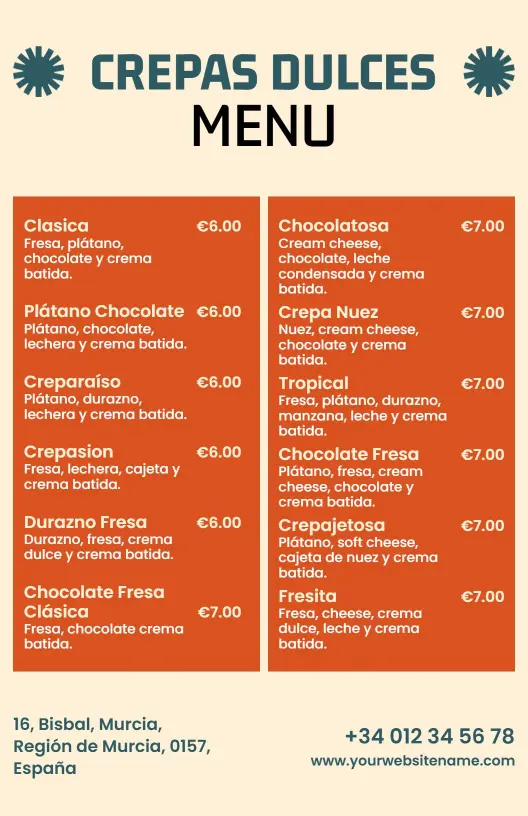 Plantilla De Menú De Crepes Dulces Retro De Naranja Y Crema