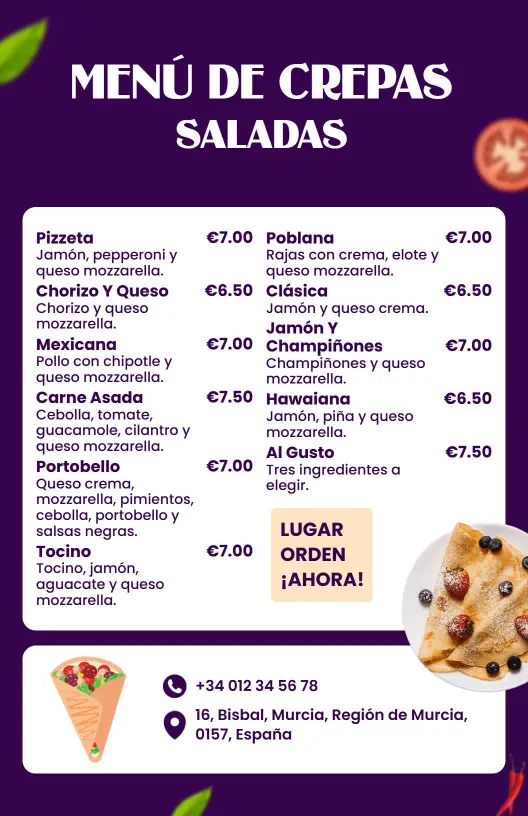 Plantilla De Menú De Crepes Salados En Tonos Violeta Vibrantes