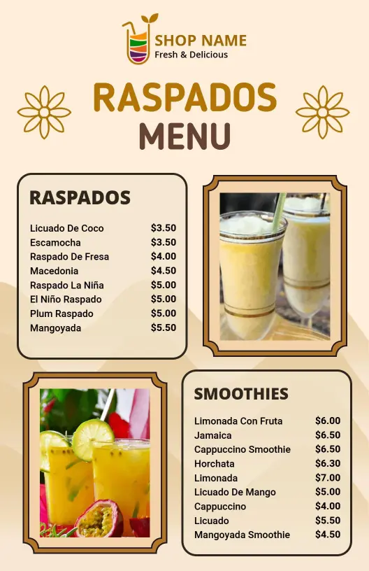 Plantilla De Menú De Deliciosos Raspados Y Refrescantes Batidos