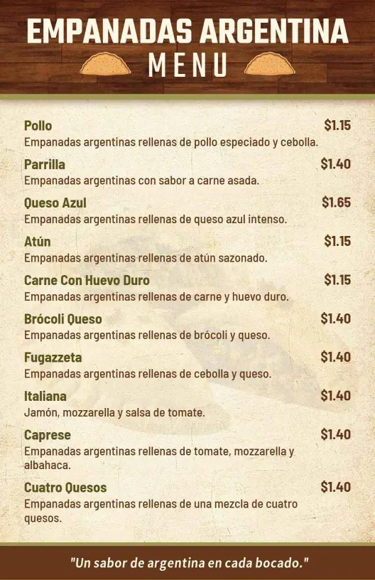 Plantilla De Menú De Empanadas Argentinas Clásicas Con Temática De Madera