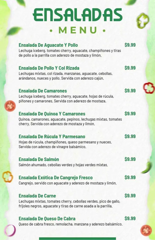 Plantilla De Menú De Ensaladas Con Aguacate Fresco Y Pollo a La Parrilla