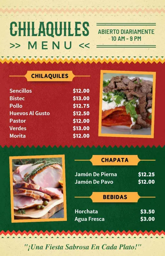 Plantilla De Menú De Especialidades Chilaquiles Mexicanos Vibrantes Con Chapata
