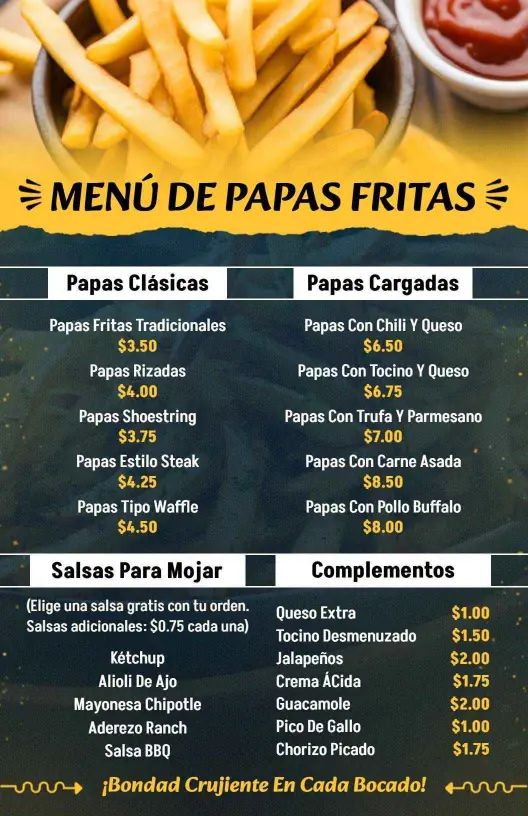 Plantilla De Menú De Papas Fritas Clásicas Y Cargadas Con Diseño En Amarillo Intenso