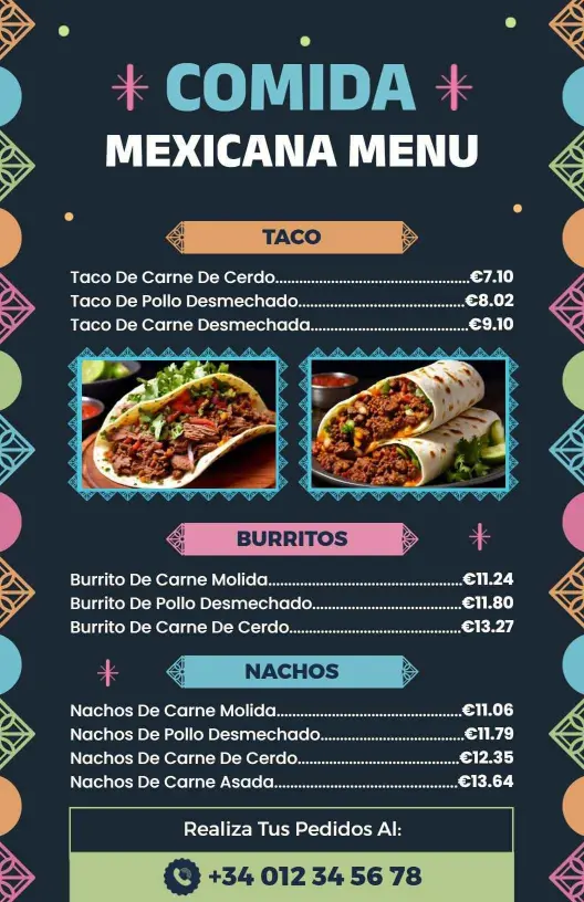 Plantilla De Menú De Platos Tradicionales Mexicanos Con Deliciosos Burritos Y Tacos