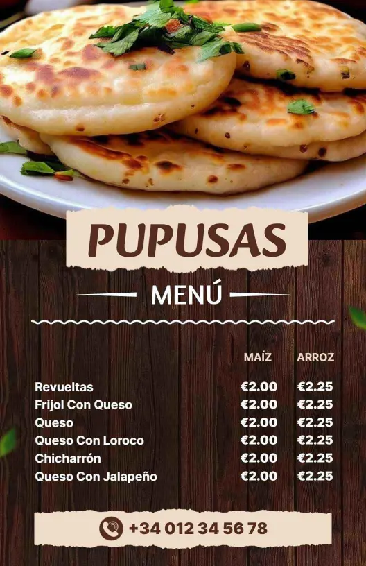 Plantilla De Menú De Pupusas Salvadoreñas Tradicionales Con Rellenos De Queso Y Carne