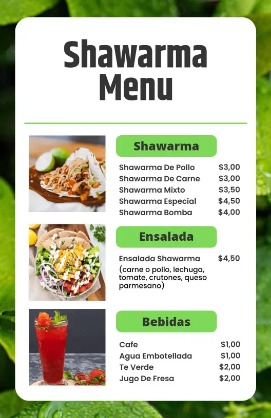 Plantilla De Menú De Sabrosas Opciones De Shawarma Con Ensalada Y Bebida