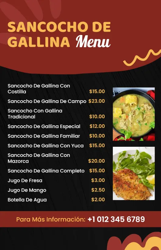 Plantilla De Menú De Sancocho Tradicional Elegante En Rojo Y Negro