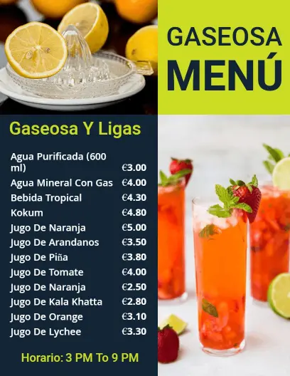Plantilla De Menú De Zumo Infusionado Con Cítricos Tropicales Y Gaseosa
