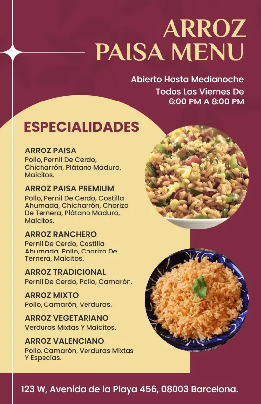 Plantilla De Menú Del Restaurante Arroz Paisa Sabores Latinos Rústicos