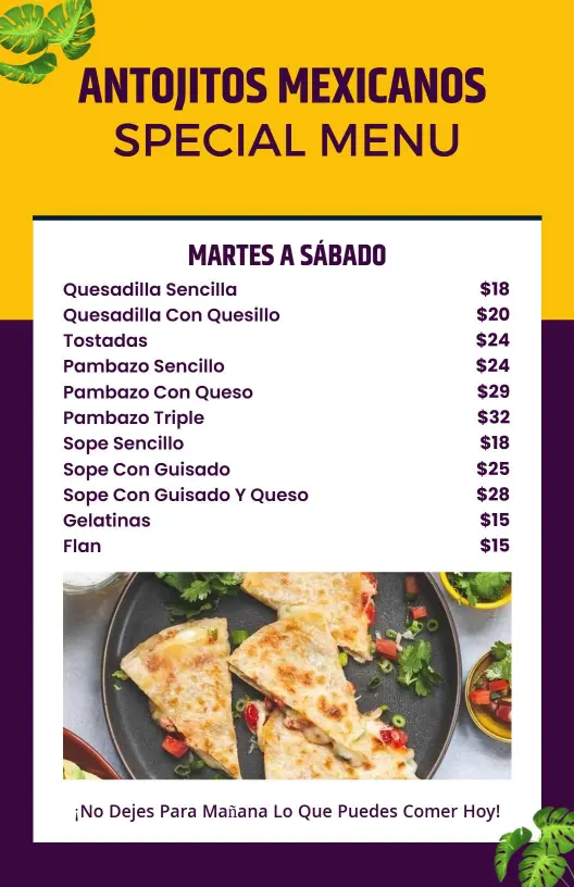 Plantilla De Menú Especial De Antojitos Mexicanos En Vibrantes Tonos Morado Y Amarillo