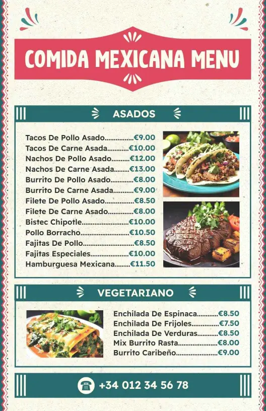 Plantilla De Menú Mexicano Con Auténticas Especialidades a La Parrilla Y Platos Vegetarianos