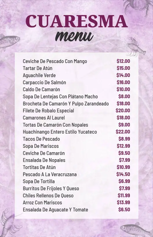 Plantilla De Menú Para El Evento De Delicias Del Mar Y Platos Especiales De Cuaresma