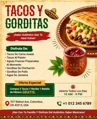 Plantilla De Volante Para Restaurante De Tacos Y Gorditas Mexicanas