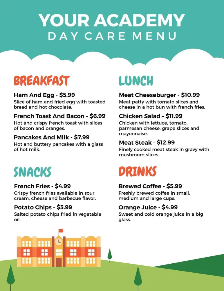 Playful Academy Inspired Daycare Meal Options Menu Template