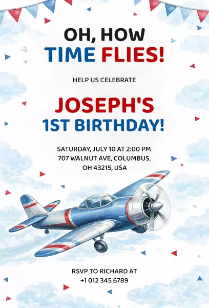 Playful Airplane Adventure 1st Birthday Celebration Invitation Template