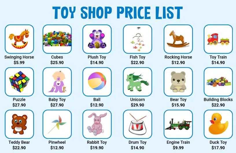 Playful and Bright Children’s Toy Store Price List Template