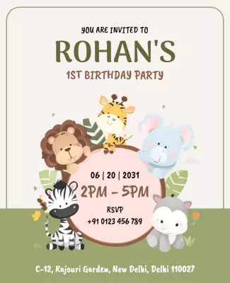 Playful Animal Theme for First Birthday Invitation Poster Template
