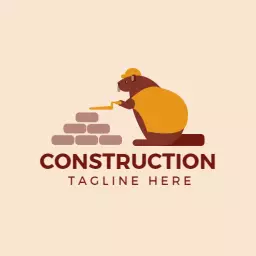 Playful Beaver Building Walls with Bricks in Construction Logo Template