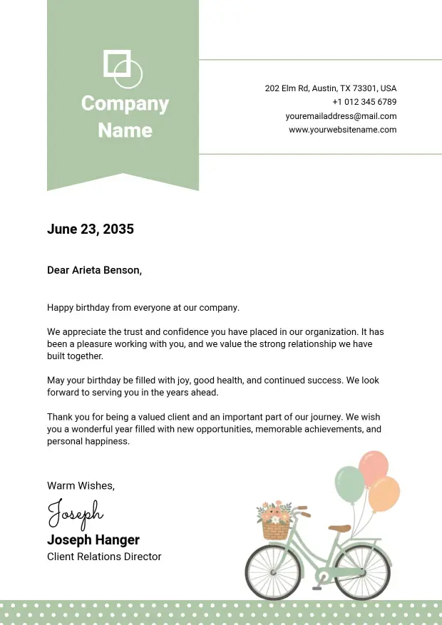 Playful Bicycle and Balloons Birthday Celebration Letterhead Template